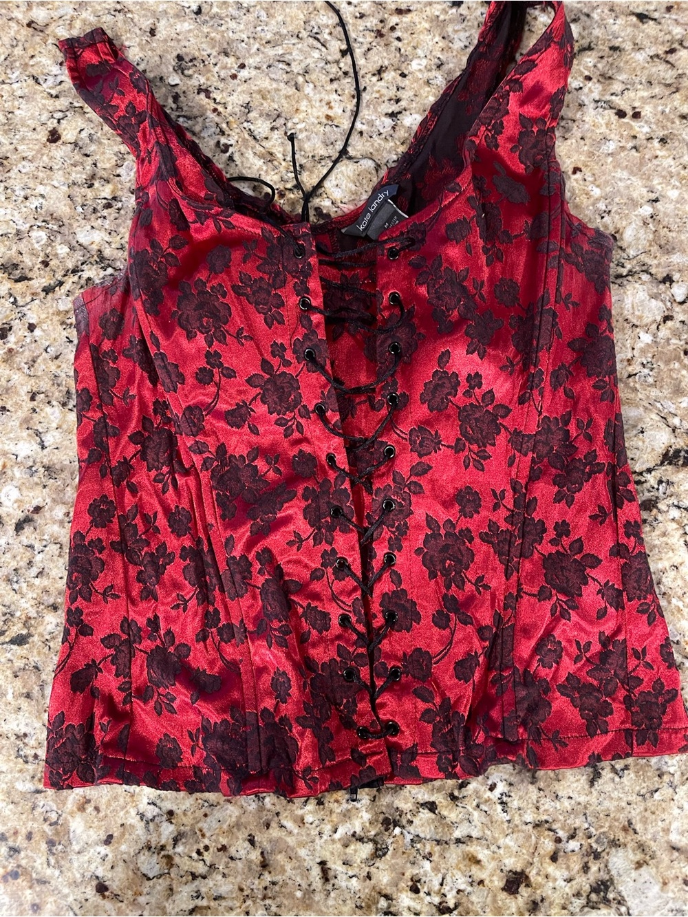 Kate Landry Red Satin Floral Lace-Up Camisole